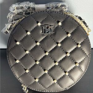 Bartley Mischka Black Quilted Pearl-Accent Round Crossbody Bag